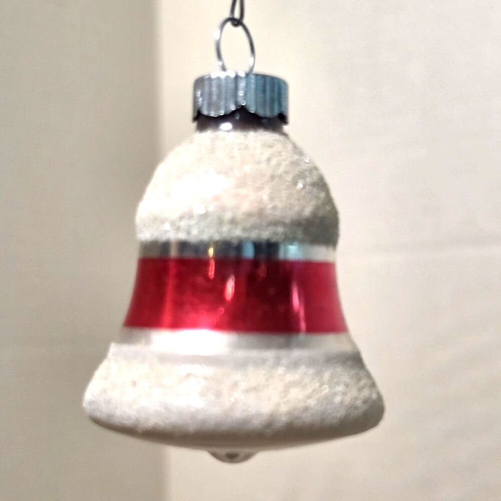 Vintage 2.5"  Shiny Brite Bell Red Silver White Glitter